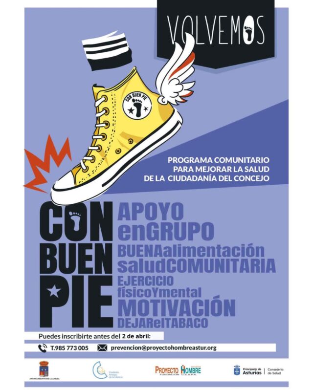 👟 “Con buen pie” es el programa del Ayuntamiento de Llanera para mejorar la salud del concejo 👌 y para el que en esta edición van a contar con nosotras, en una parte del programa. 

✍️ El periodo de inscripciones está abierto. ¡Anímate!!

☎️ 985 773 005
✉️ prevencion@proyectohombreastur.org

#conbuenpie #llanera #centromdv #asturias #saludybienestar
